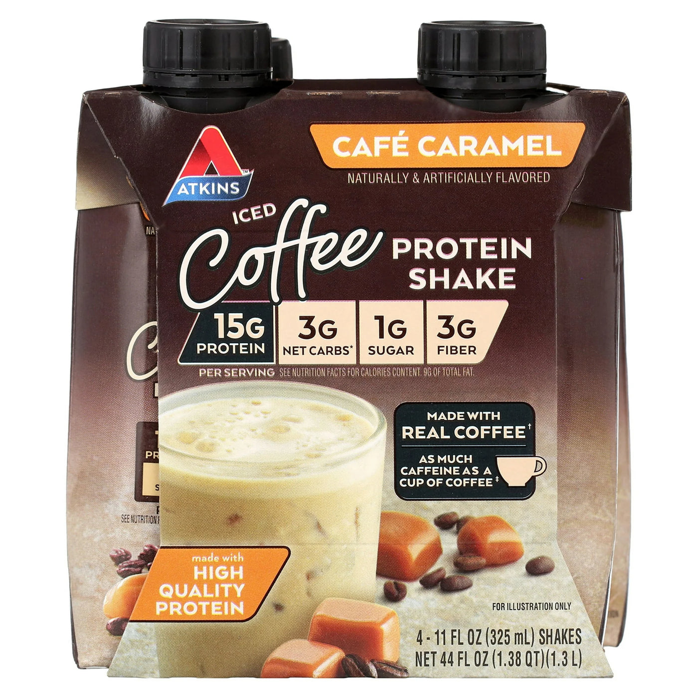 Atkins Protein Shake – Iced Coffee Café Caramel (Keto-Friendly, 15g Protein, 4-Pack)