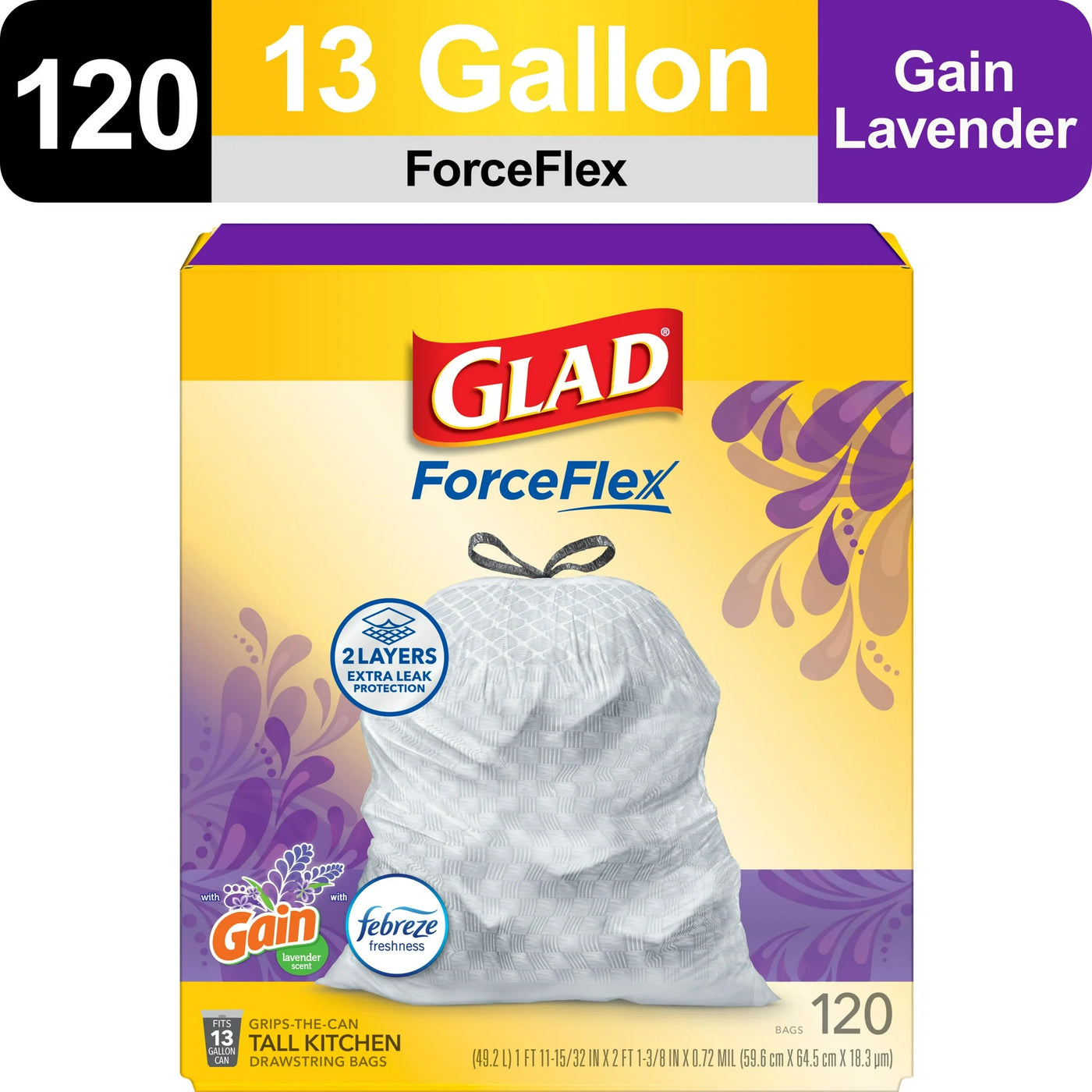 Glad ForceFlex Tall Kitchen Trash Bags – 13 Gallon, Gain Lavender