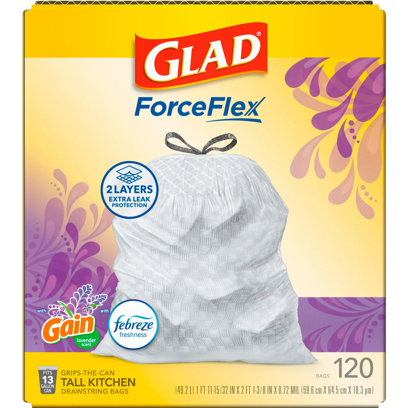 Glad ForceFlex Tall Kitchen Trash Bags – 13 Gallon, Gain Lavender